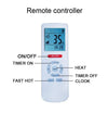 Remote controller for heating systems with a digital display showing temperature and various settings such as on/off, timer, heat, and clock.